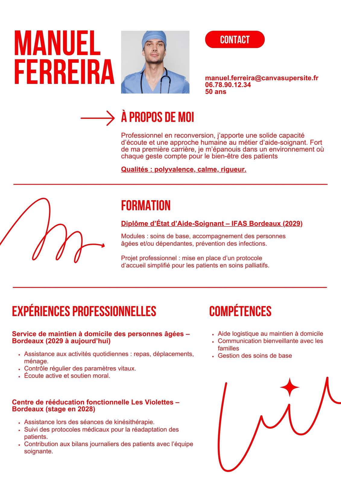 CV aide-soignant médical simple clair rouge avec photo