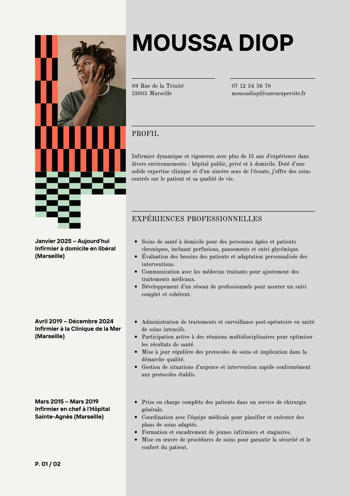 CV infirmier médical imprimés géométriques créatifs coloré deux pages
