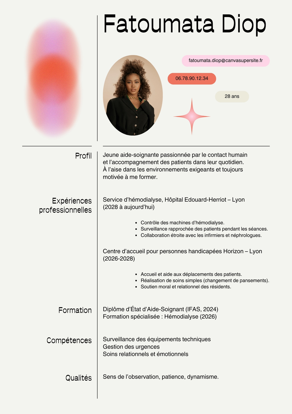 CV aide-soignante beige spray peinture dégradé rose avec photo