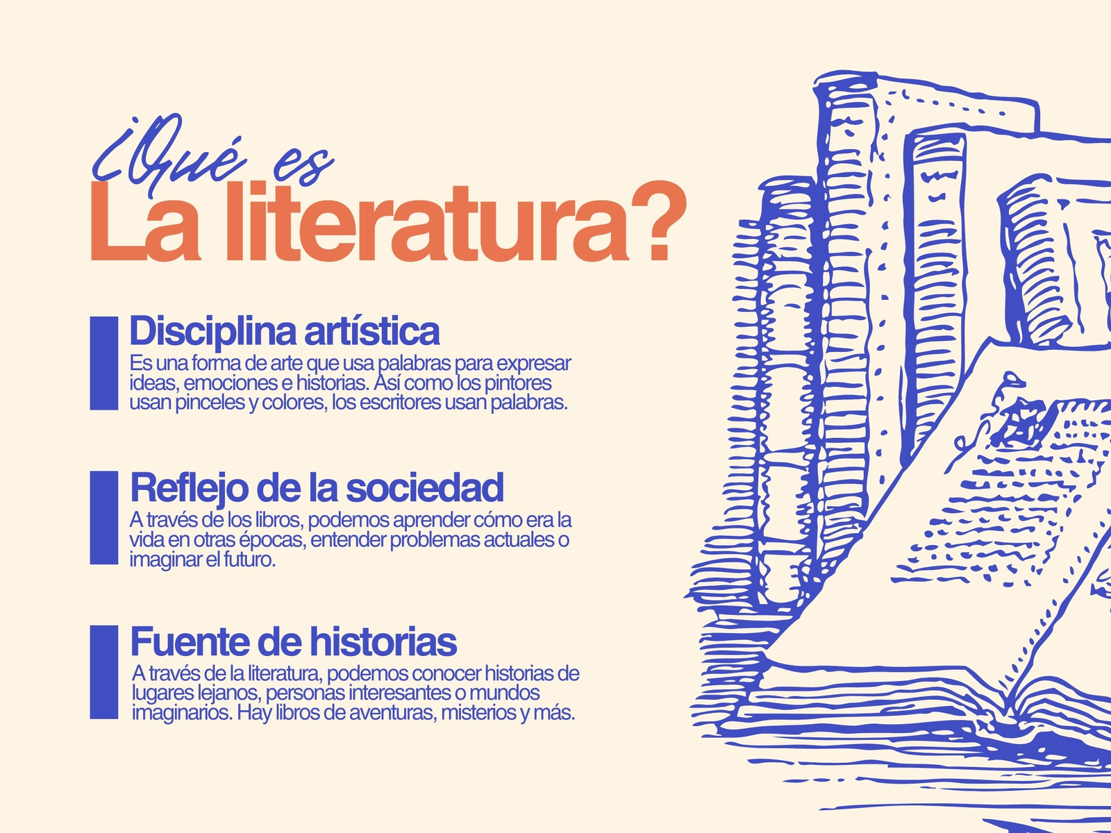 Gráfica de qué es la literatura ilustrativo azul y beige