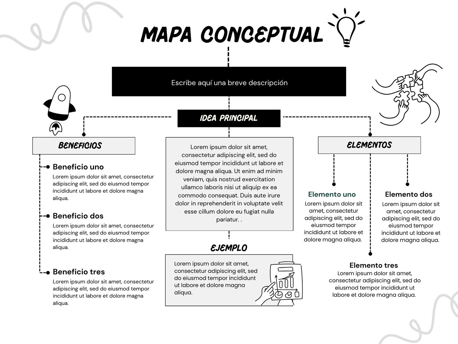 Gráfico mapa conceptual moderno blanco y negro 