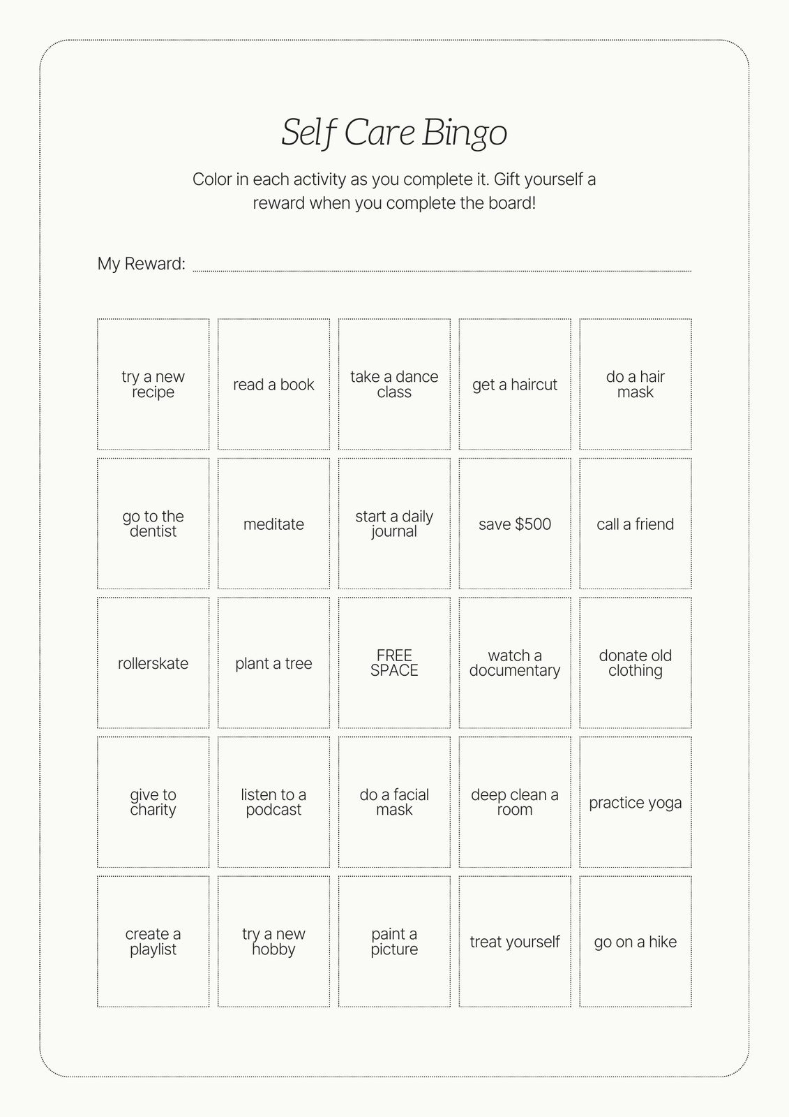 Cream Minimalist Self Care Bingo Challenge Planner