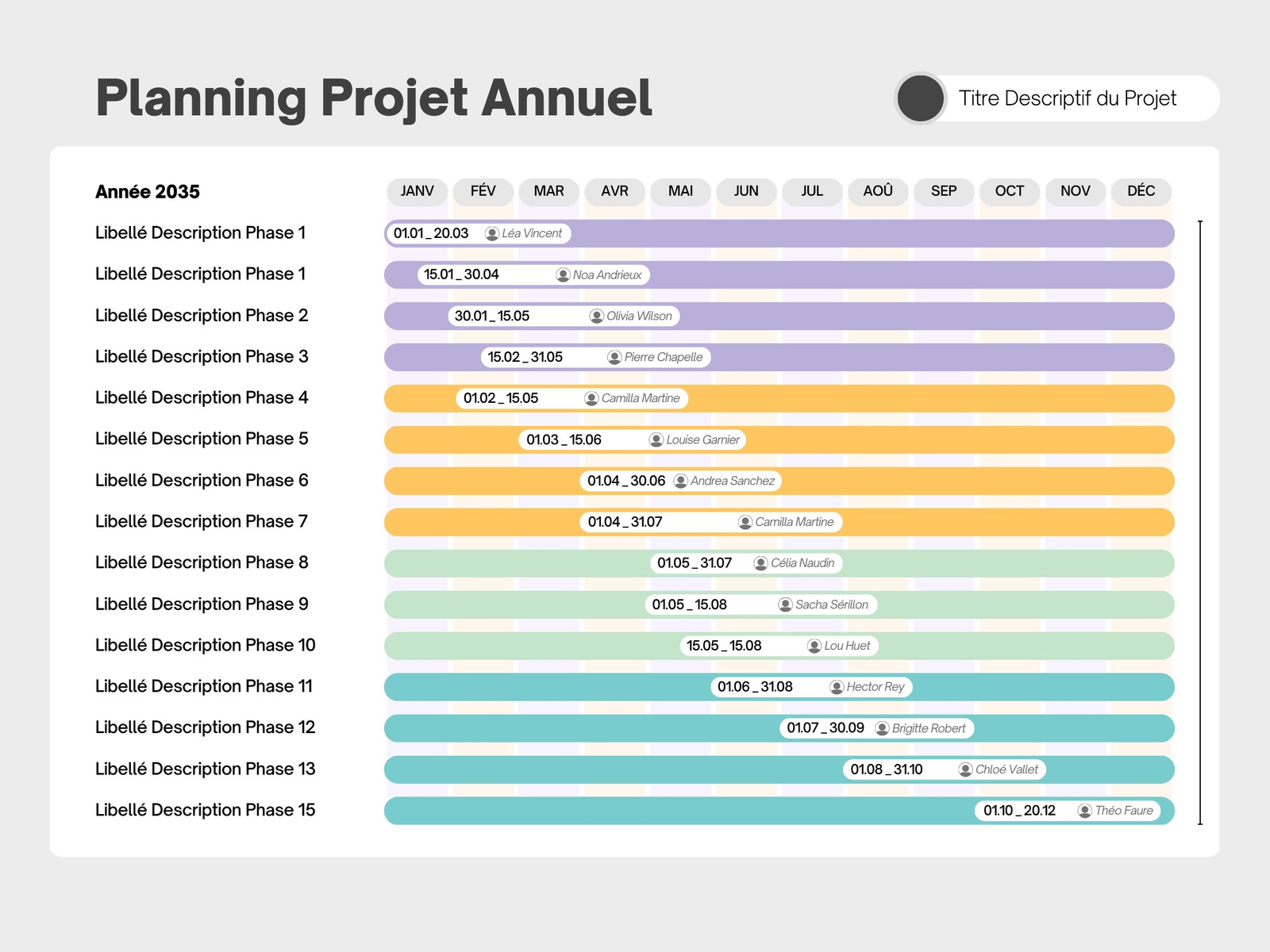 Graphique Planning Diagramme de Gantt Projet Annuel Entreprise Moderne Blanc Gris Coloré