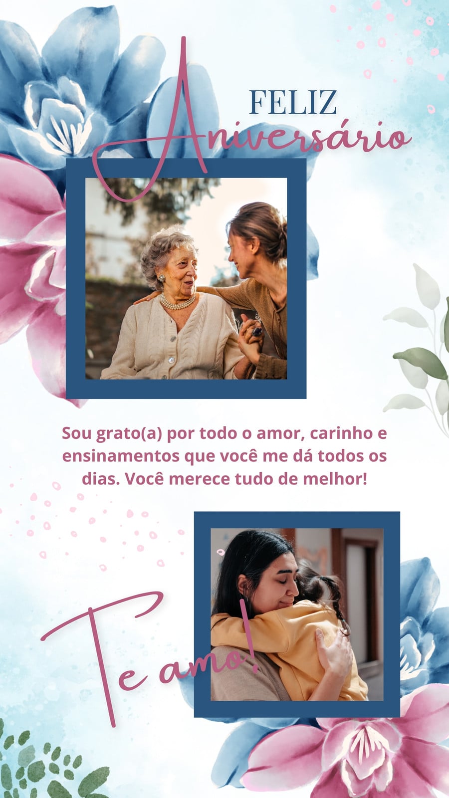 Story instagram parabéns feliz aniversário mamãe floral em rosa e azul