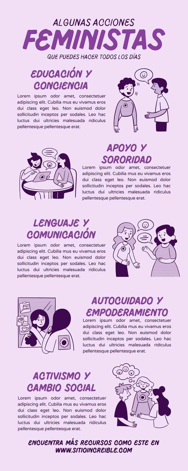 Infografía acciones feministas día de la mujer ilustrado morado