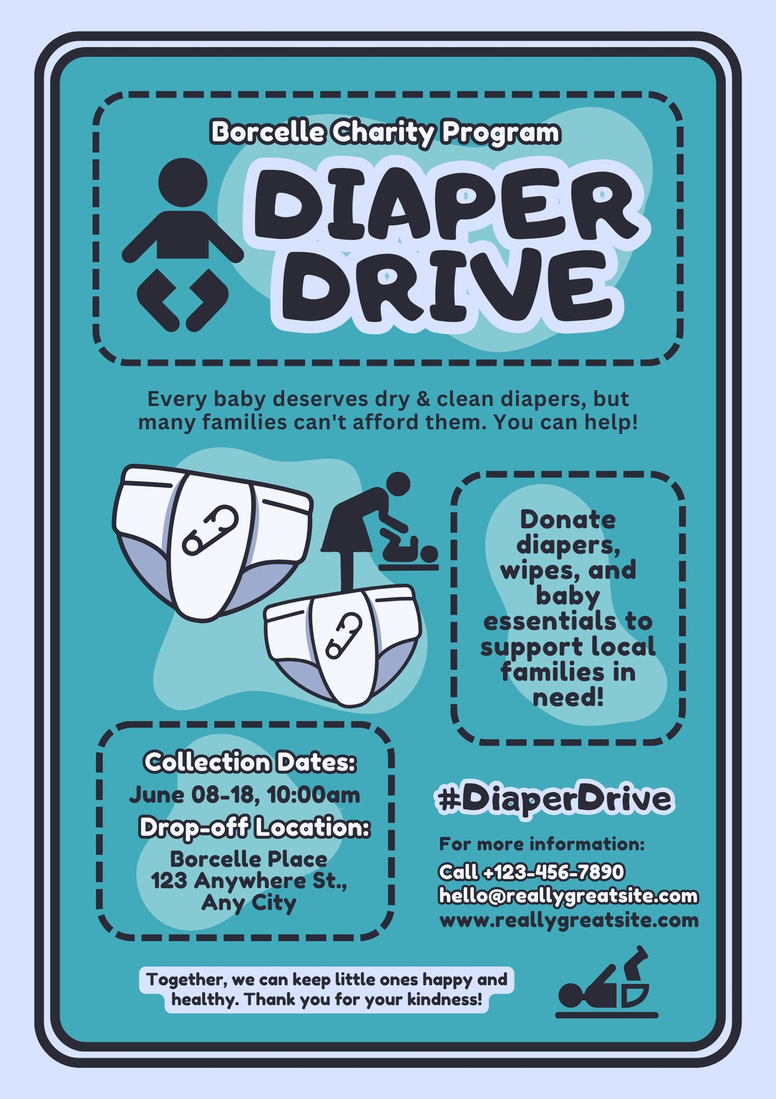 Blue & Black Illustrative Diaper Drive Flyer