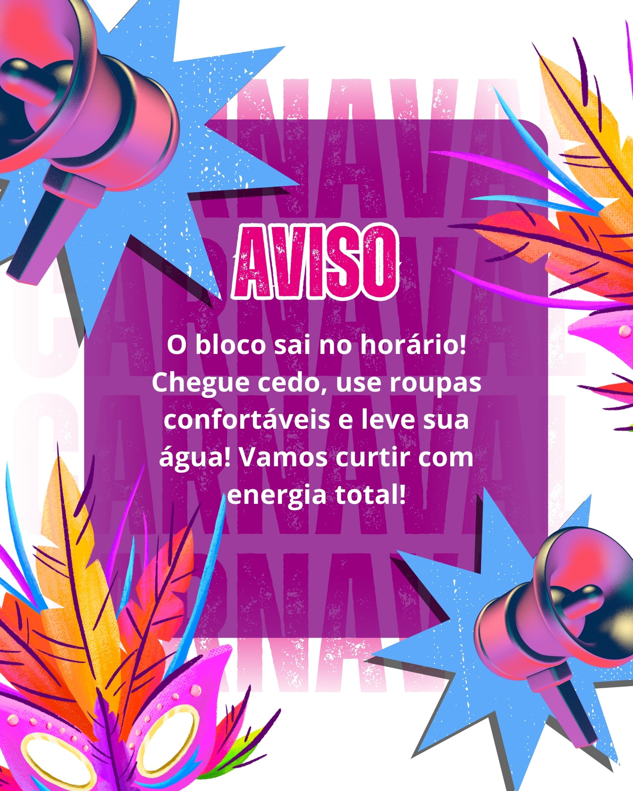 Post instagram aviso carnaval divertido em branco e pink