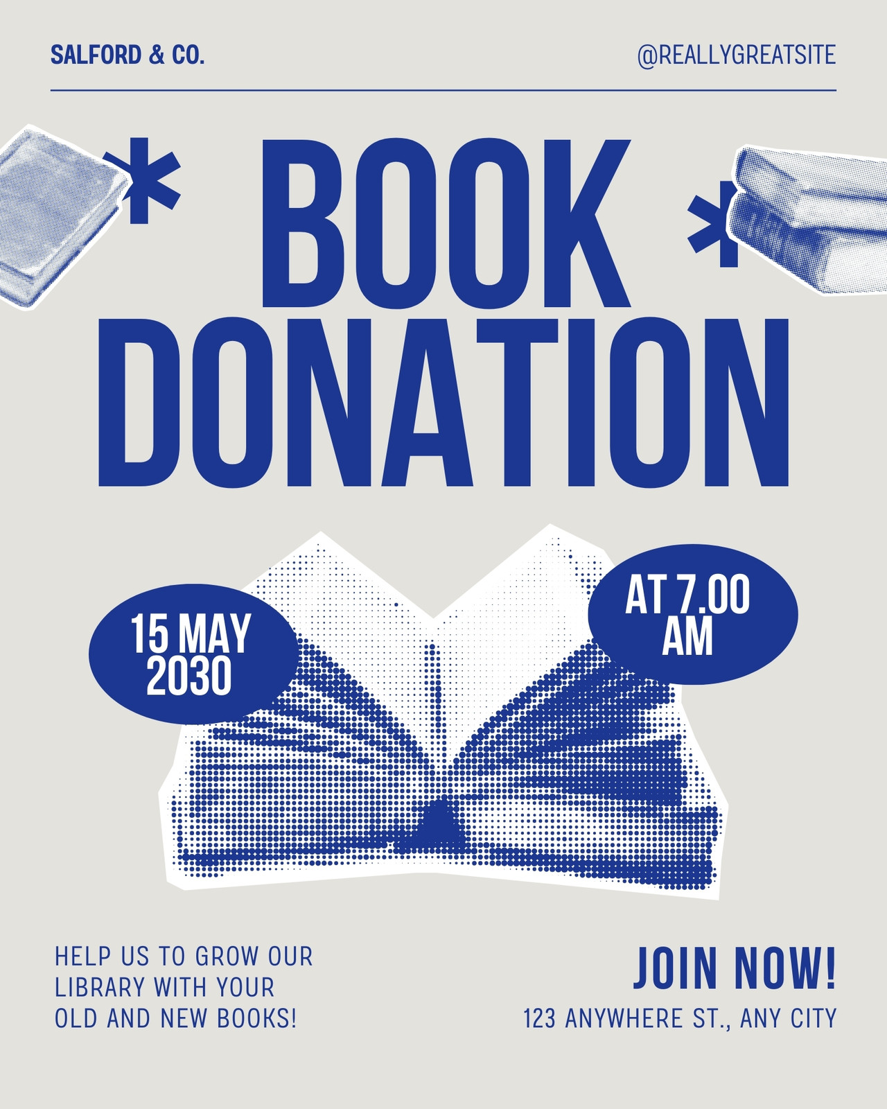 Grey and Blue Modern Illustrative Book Donation Instagram Post