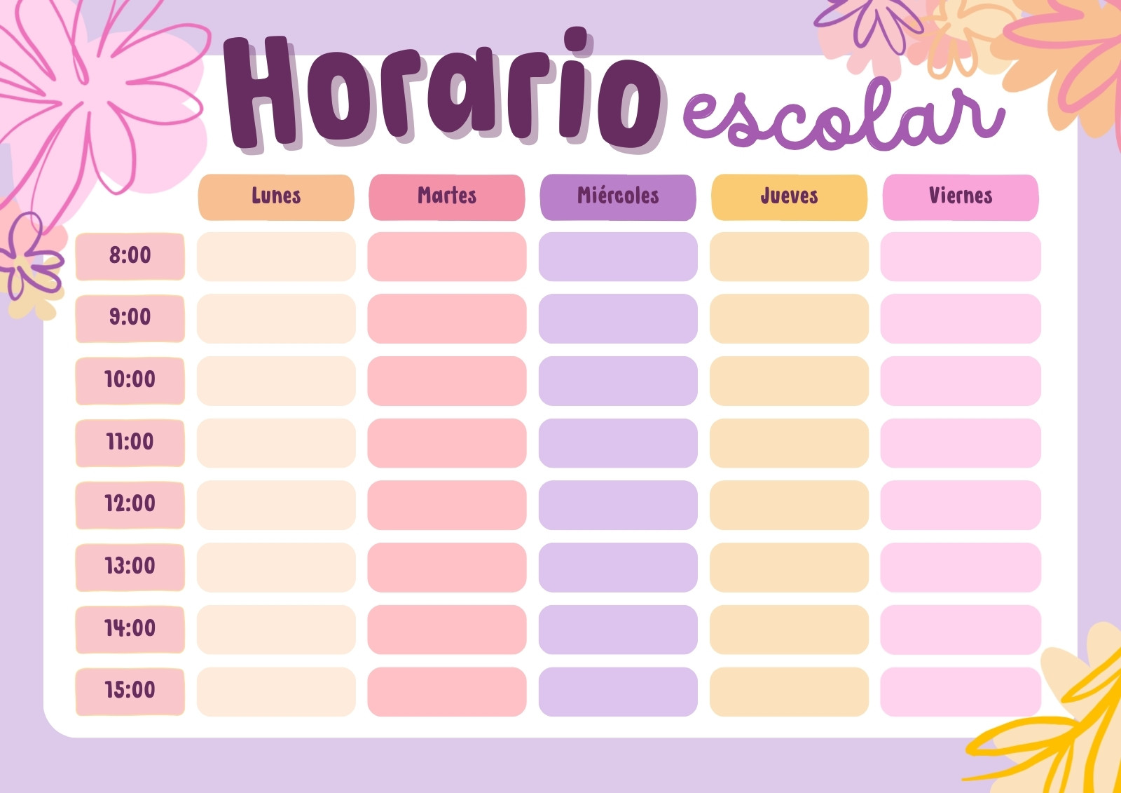 Horario escolar semanal - Floral, simple, violeta y rosa Horario escolar semanal - Floral, simple, violeta y rosa