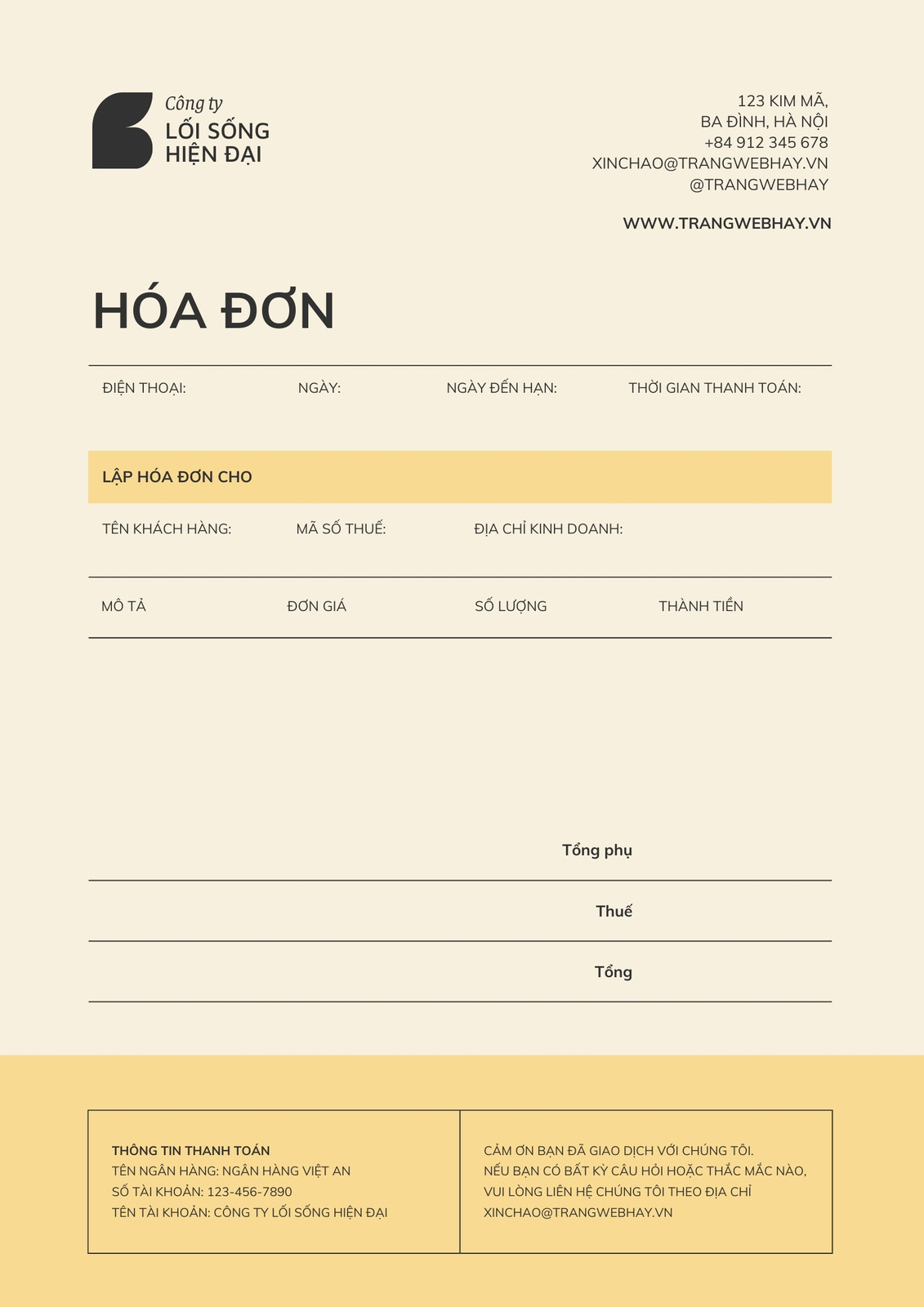 Hóa đơn Doanh nghiệp Màu Kem Vàng pastel Phong cách Tối giản Hiện đại
