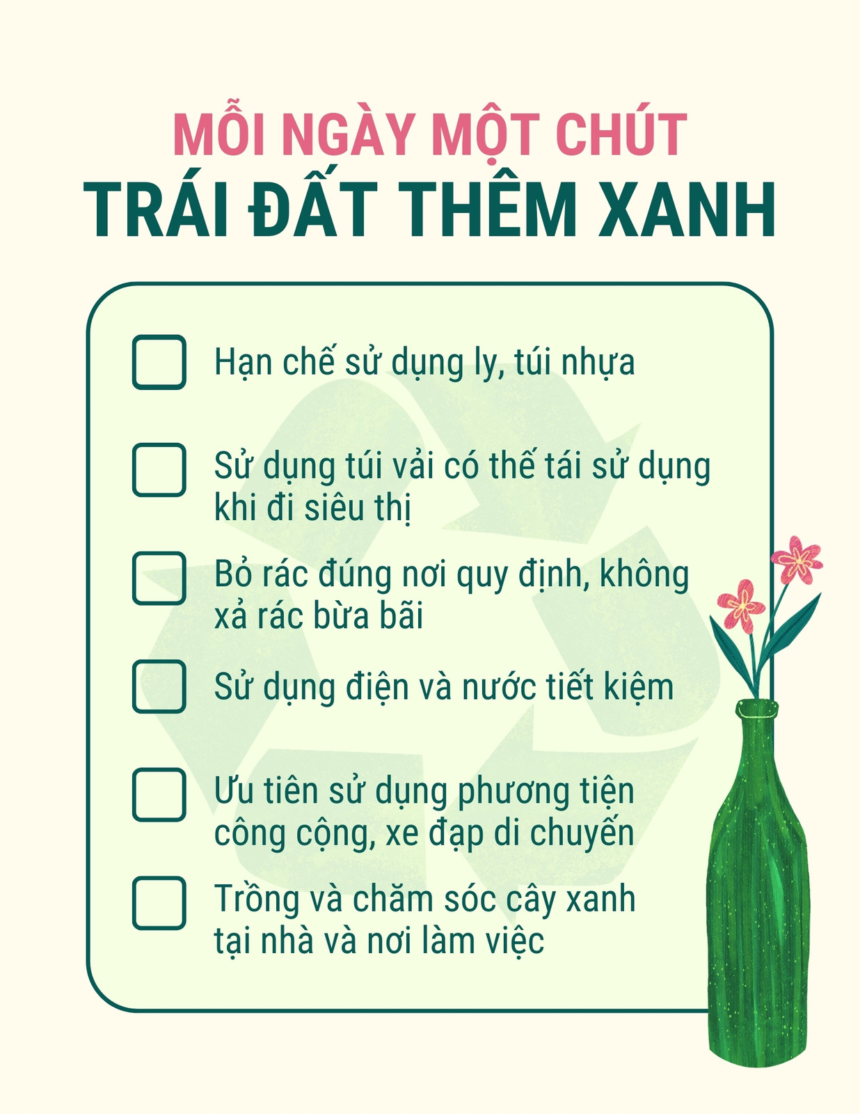 Checklist việc làm bảo vệ môi trường Checklist việc làm bảo vệ môi trường