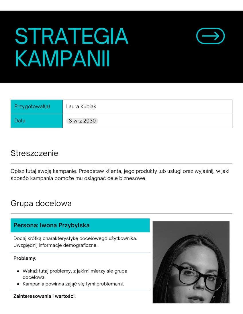 Dokument – strategia kampanii turkusowy świeży czysty