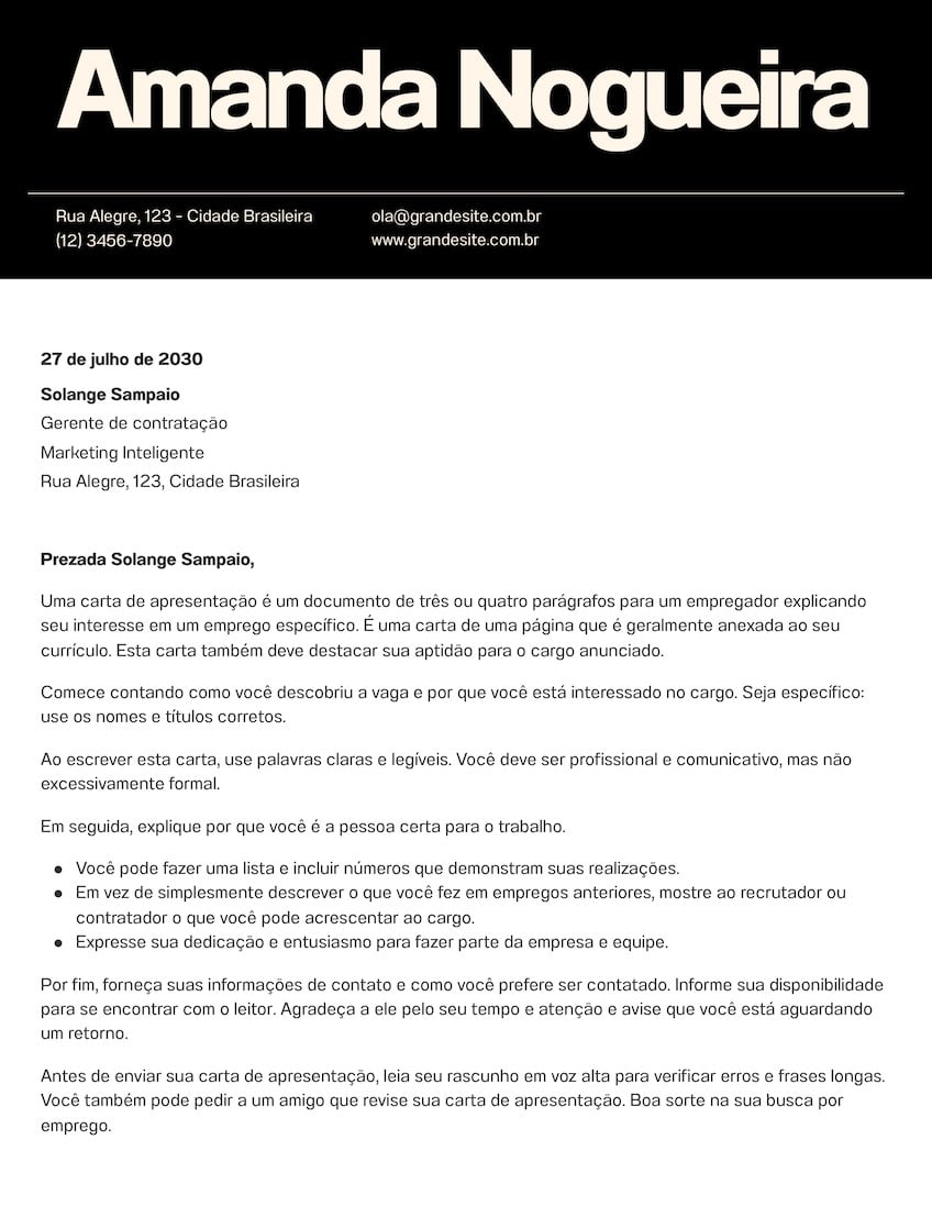 Doc de Carta de Apresentação com Estilo Minimalista Moderno Clean em Preto e Branco
