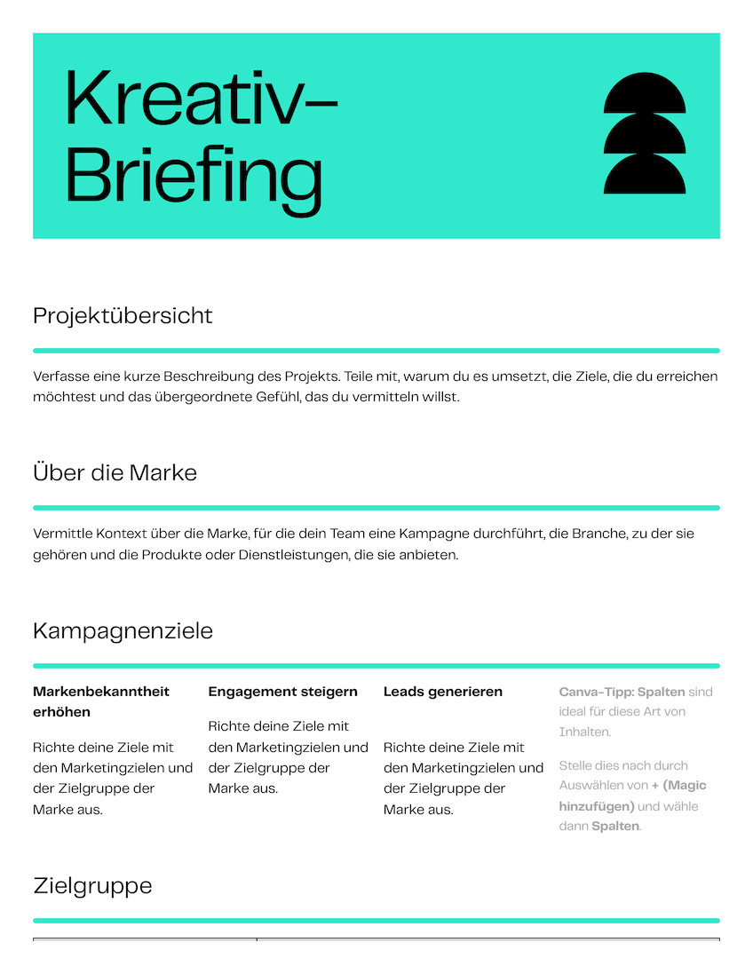 Türkis Weiß Modern Geordnet Kreativ-Briefing-Dokument