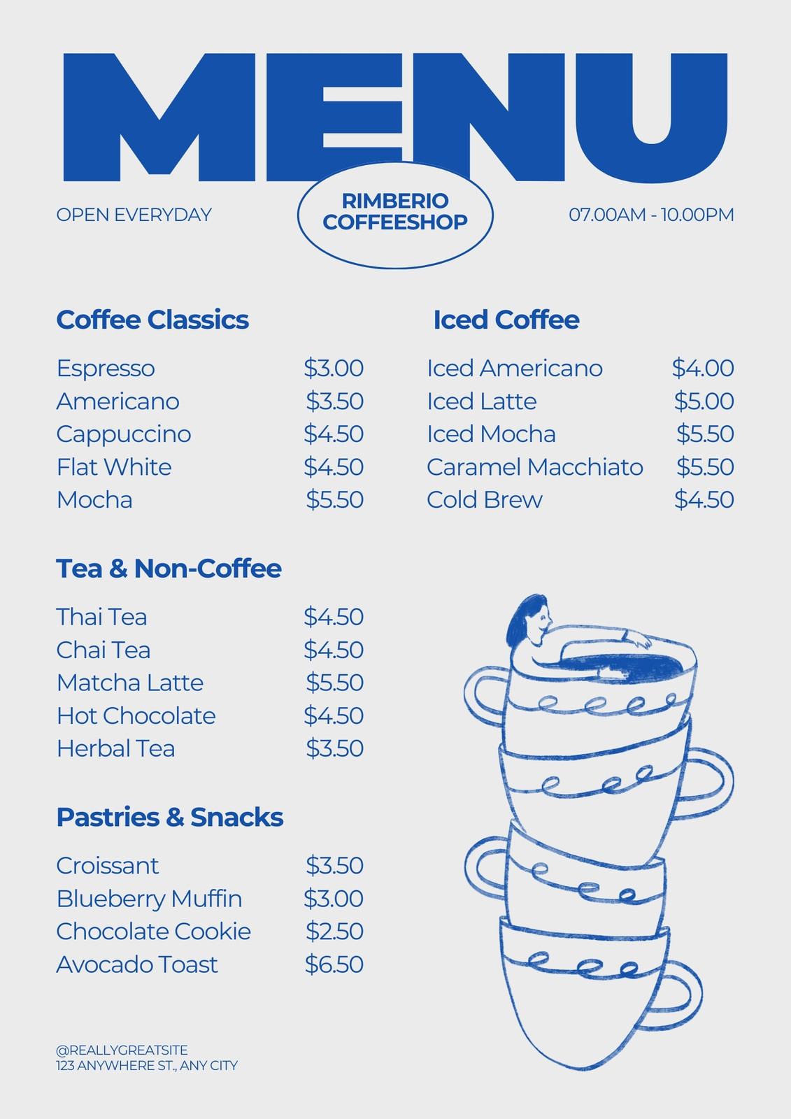 Grey and Blue Bold Minimalism Coffeeshop Menu