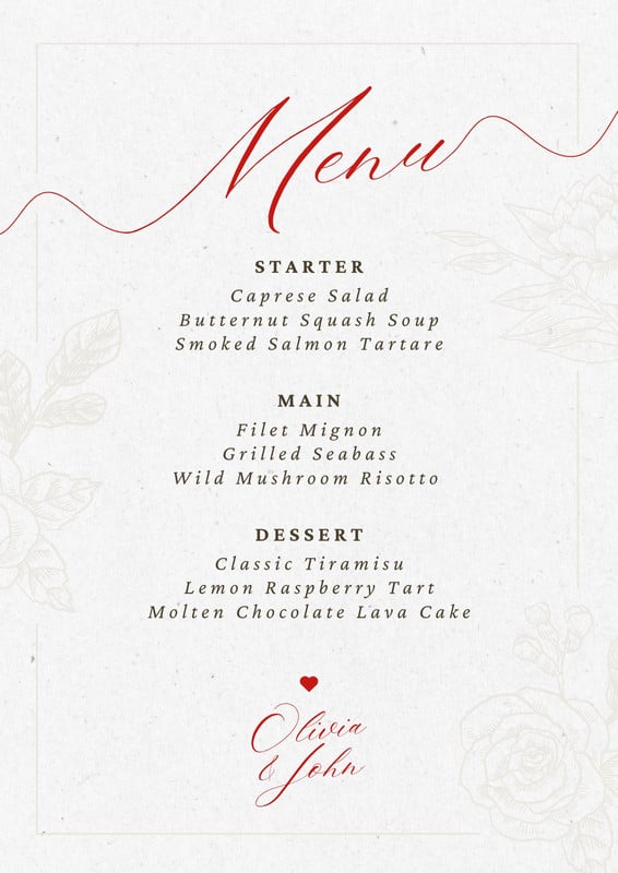 Free Red Cream Classic Minimal Wedding Party Dinner Menu Canva template