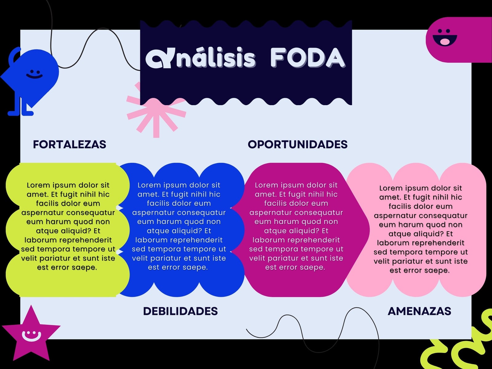 Análisis FODA - Ilustrativo, formas, maximalista y azul - Matriz FODA