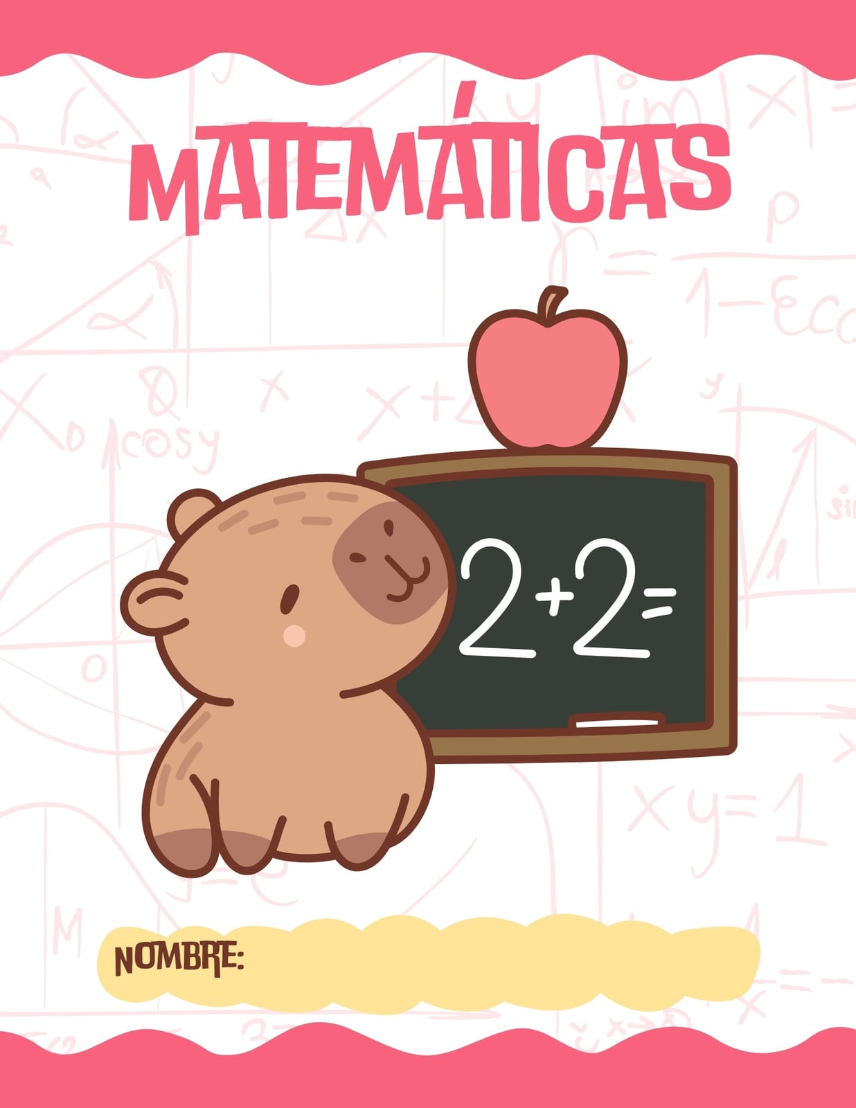 Portada de matemáticas - Cuaderno - Capibara - Ilustrativa y rosa