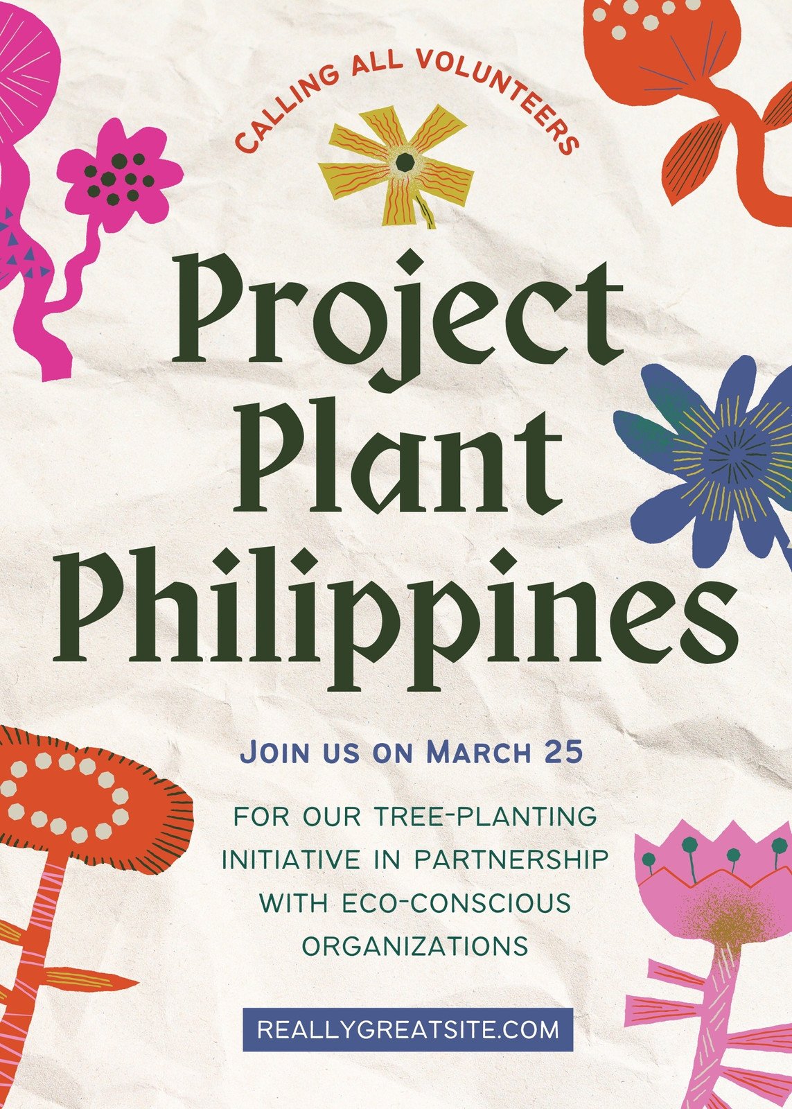 Beige and Green Doodle Scrapbook Illustrated Tree Planting Sustainability Poster