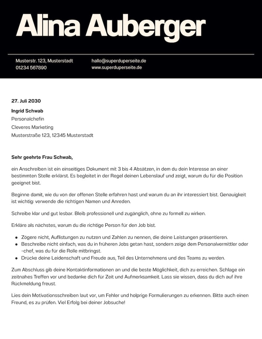 Schwarz Weiß Minimalistisch Seriös Motivationsschreiben Doc
