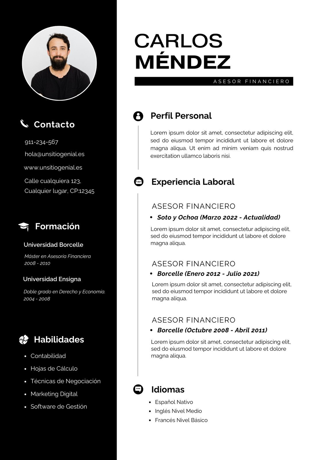 Currículum CV Asesor Financiero Masculino Básico Negro