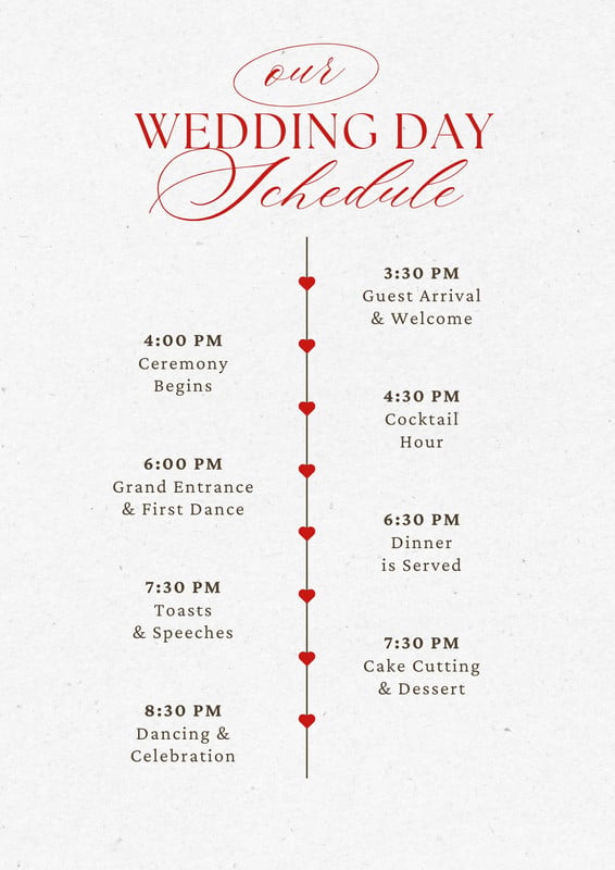 Free Red White Minimal Classy Wedding Timeline Planner Canva template