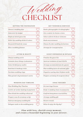 Free Red White Delicate Minimal Detailed Wedding Checklist Canva template