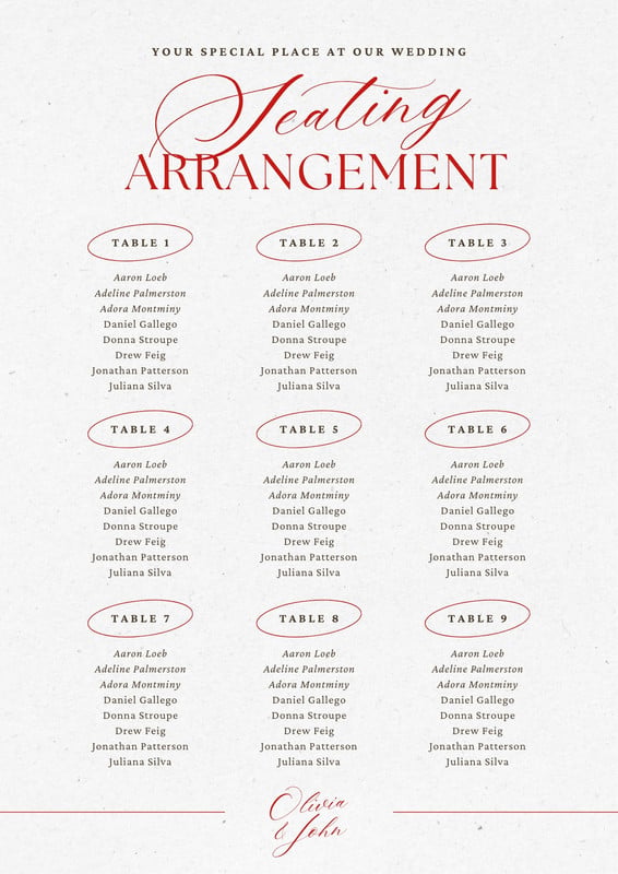 Free Red Minimal Delicate Vintage Wedding Seating Chart Canva template