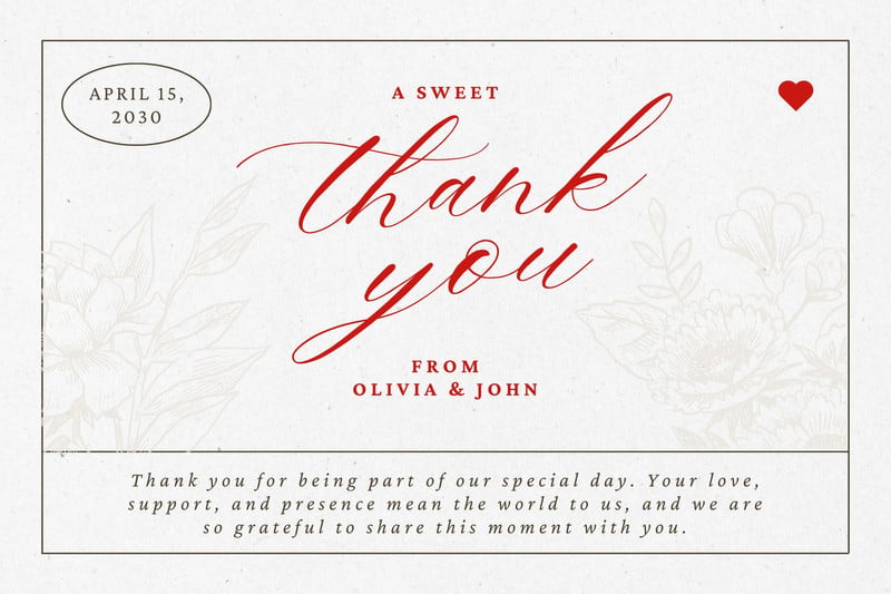 Free Red White Minimal Vintage Sweet Thank You Gift Wedding Label Canva template
