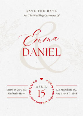 Free Red White Minimal Elegant Save the Date Wedding Invitation Canva template