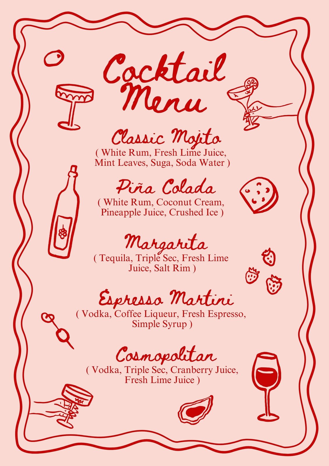 Red and Pink Retro Illustrated Drink Bar Cocktail Menu