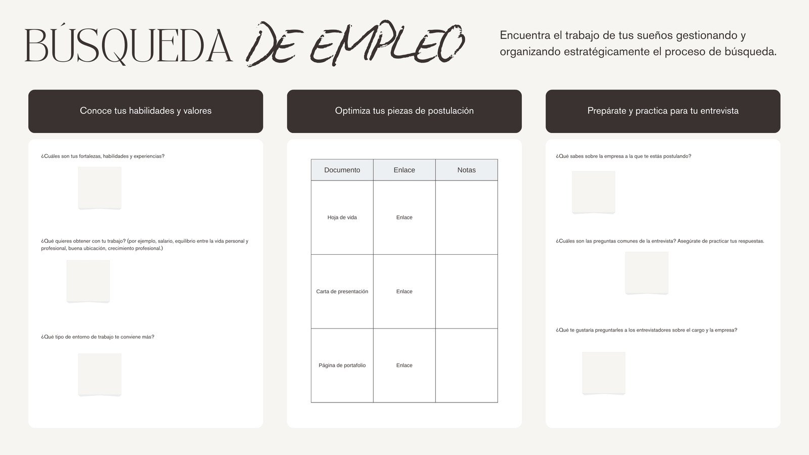 Tablero virtual de búsqueda de empleo estilo corporativo minimalista en negro y crema
