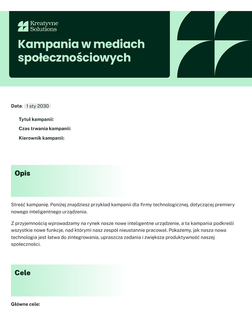 Dokument – brief kampanii social media zielony brief geometryczny elegancki