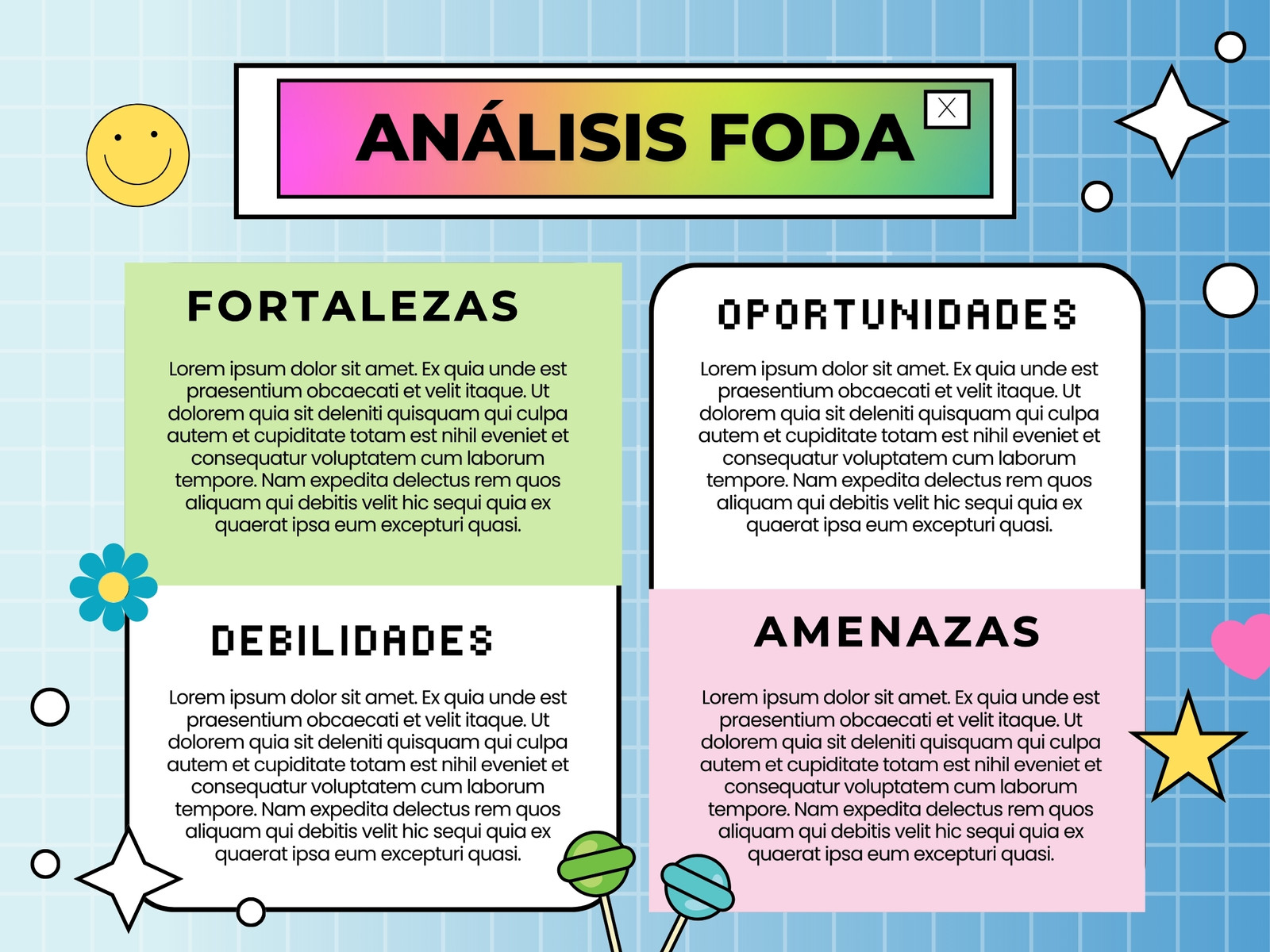 Análisis FODA - Retro, ilustrado, degradado y azul - Matriz FODA