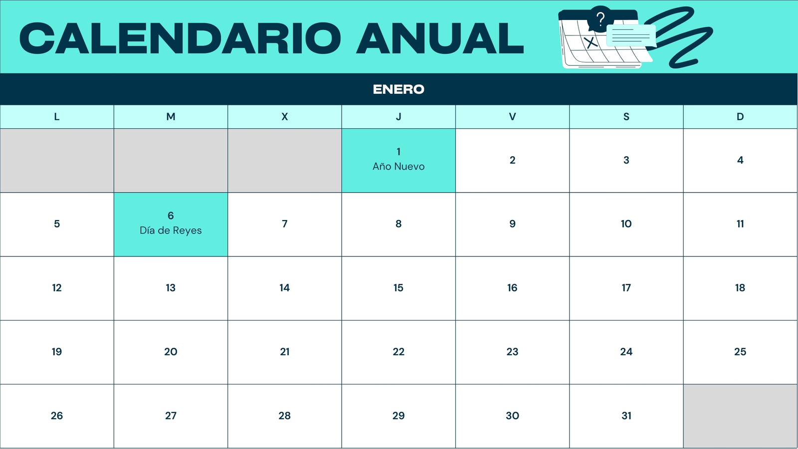 Hoja de cálculo calendario anual