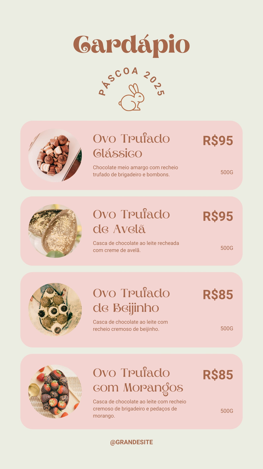 Story do Instagram Cardápio Ovos de Páscoa Preços Doces Chocolate Minimalista Rosa e Marrom