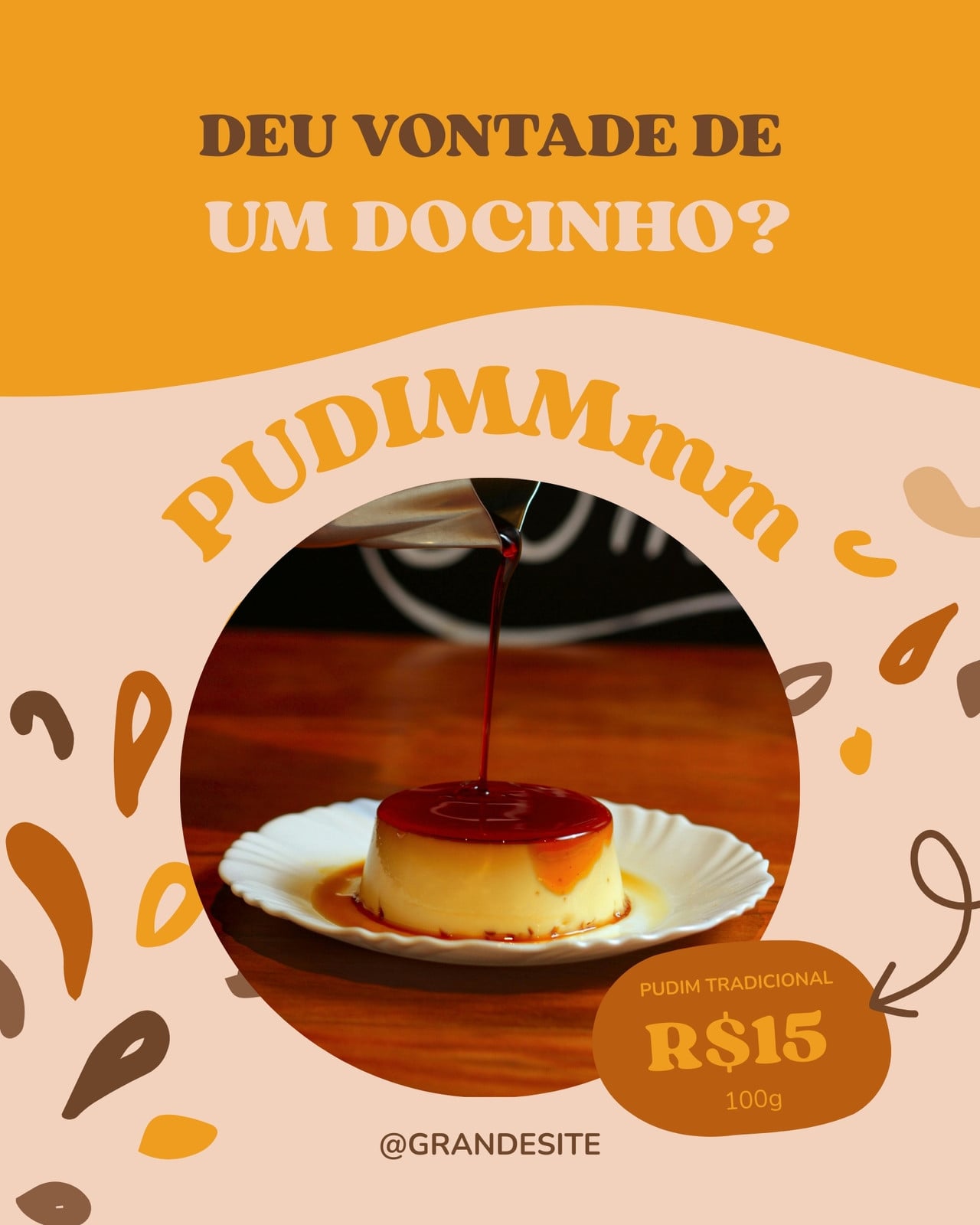 Instagram Post Dia de Pudim Doces Preço Ilustrado Foto Laranja e Marrom