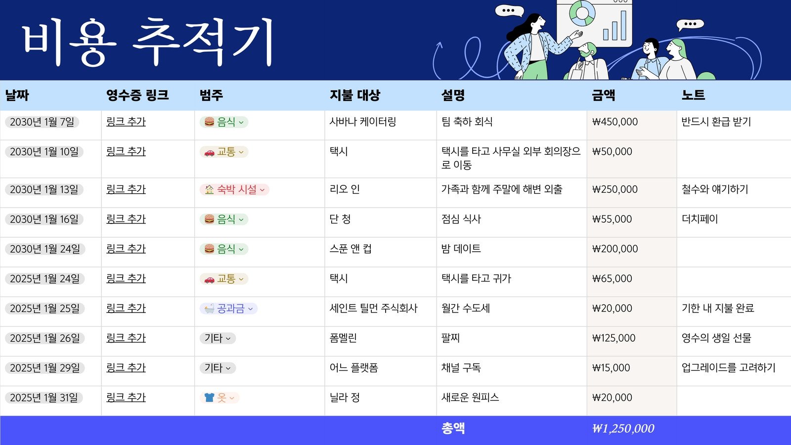 파란색 하늘색 선명하고 밝은 비용 추적기 시트