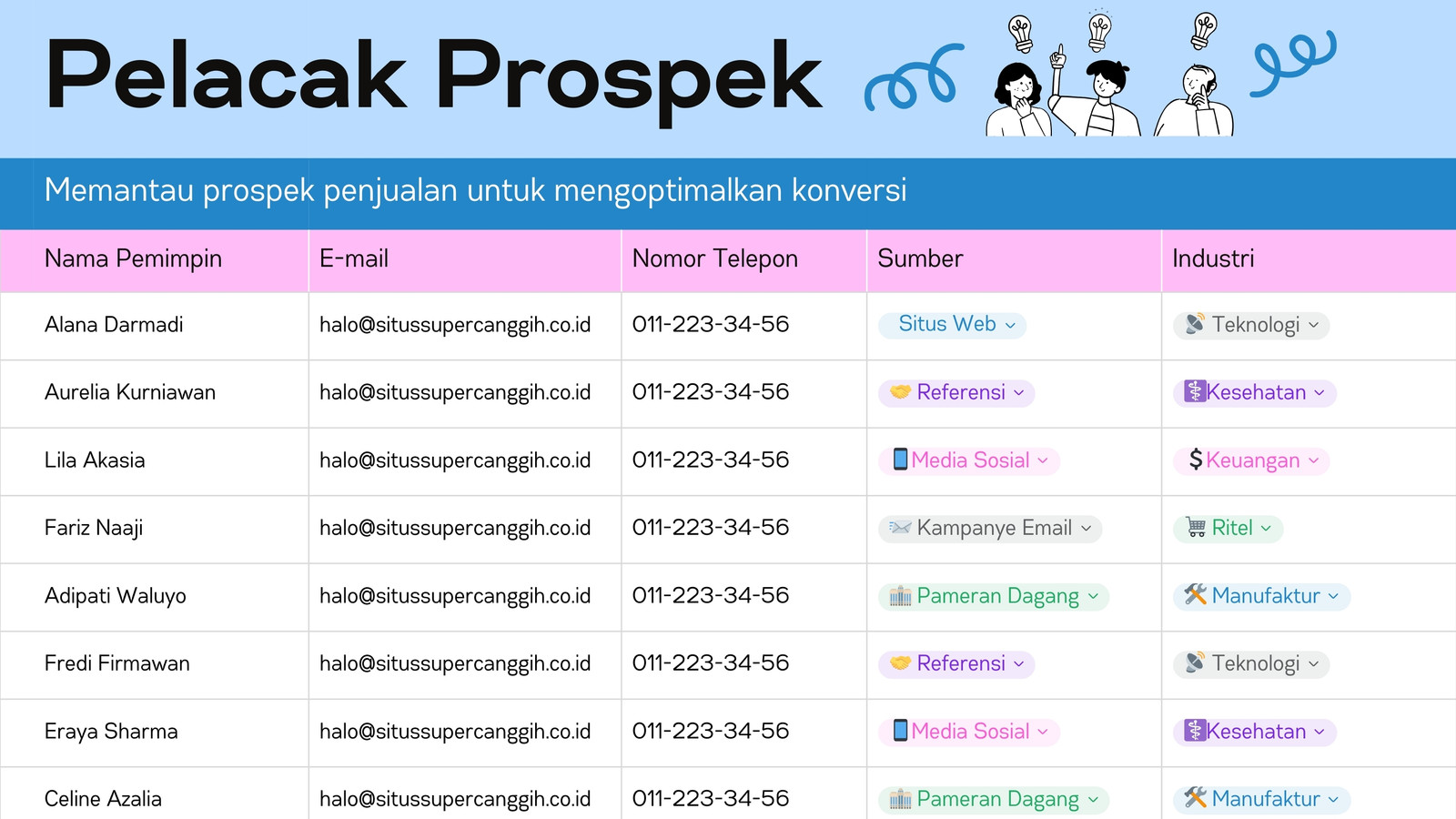 Sheet Pelacak Prospek Sederhana Polos Biru Merah Muda