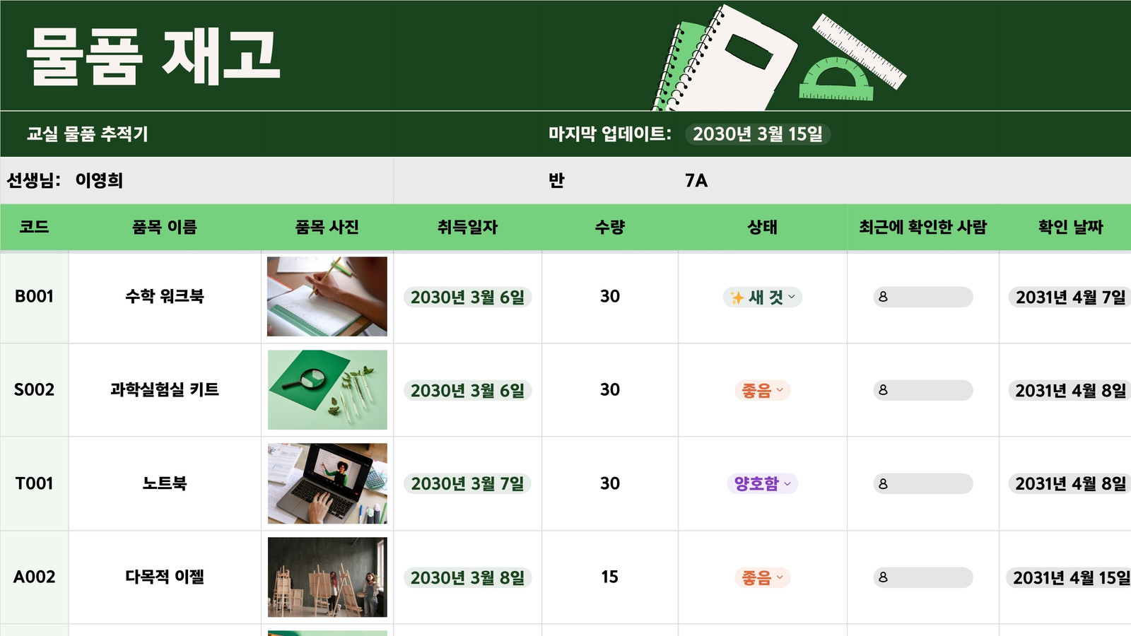초록색 단순하고 미니멀한 교실 예산 및 물품 추적기 시트