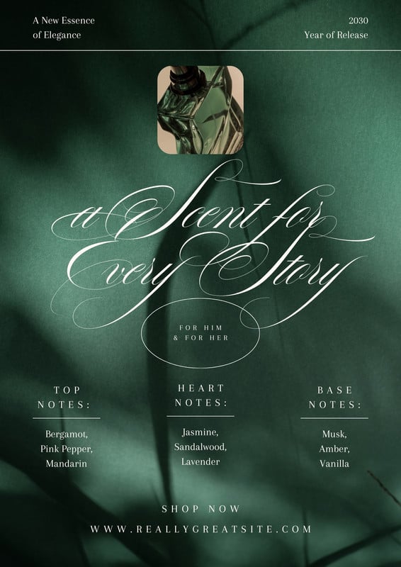 Elegant Opulence Era New Perfume Promotion Product Flyer Canva template, green
