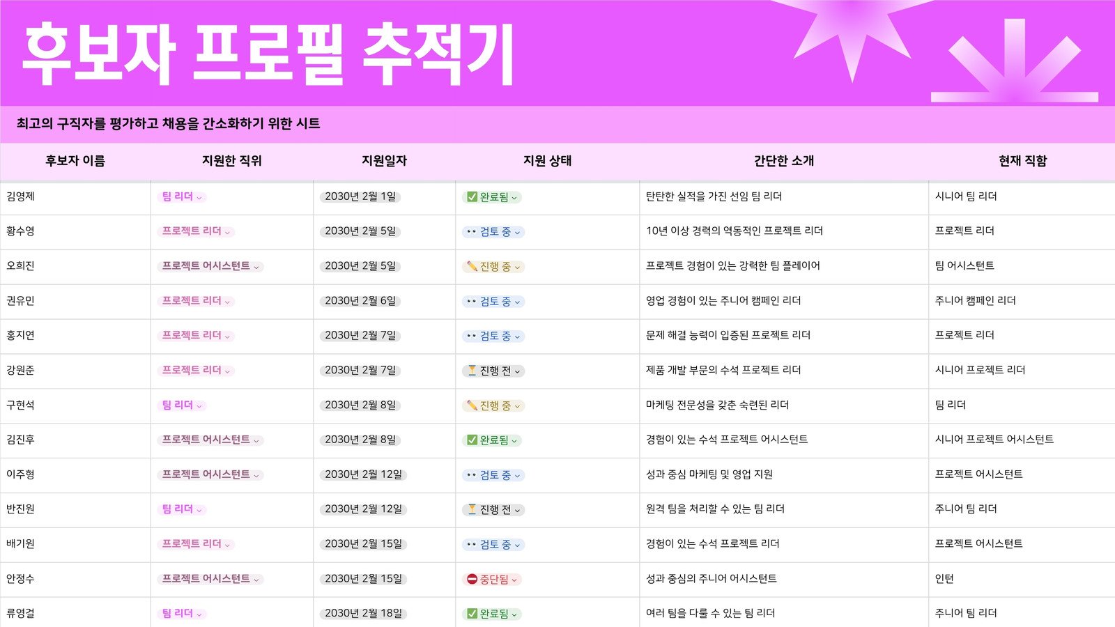 분홍색 연분홍색 선명하고 밝은 후보자 프로필 추적 시트