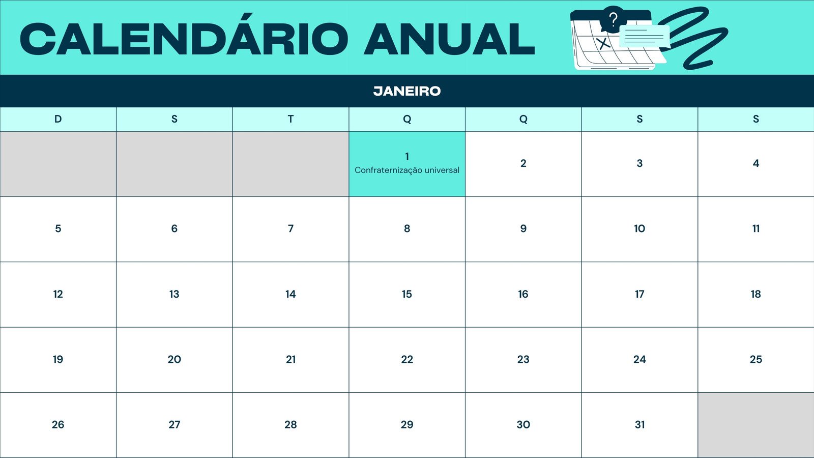 Planilha de Calendário Anual com Estilo Vibrante e Dinâmico Simples em Turquesa