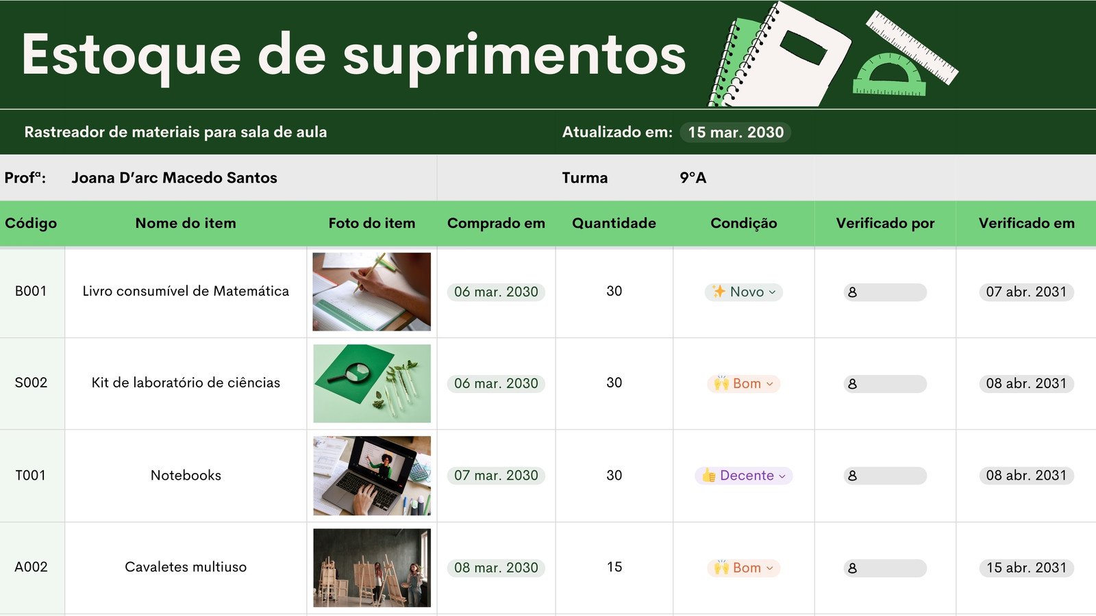 Planilha de Rastreador de Recursos com Orçamento para Sala de Aula com Estilo Simples e Ilustrativo em Verde e 
Verde-escuro