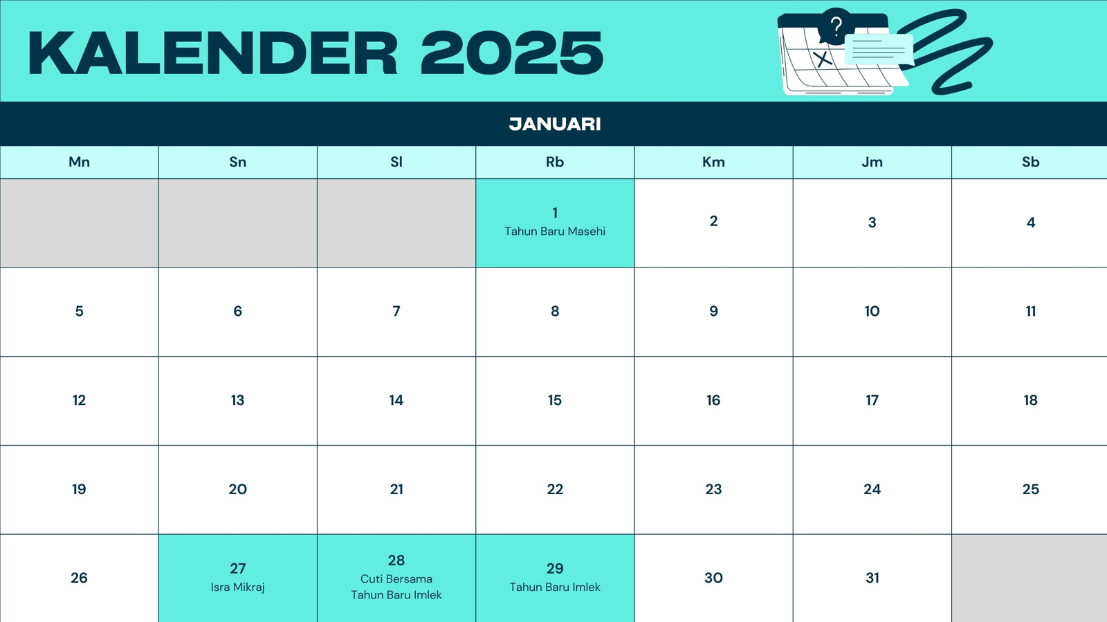 Kalender Tahunan 2025 Ilustrasi Teal