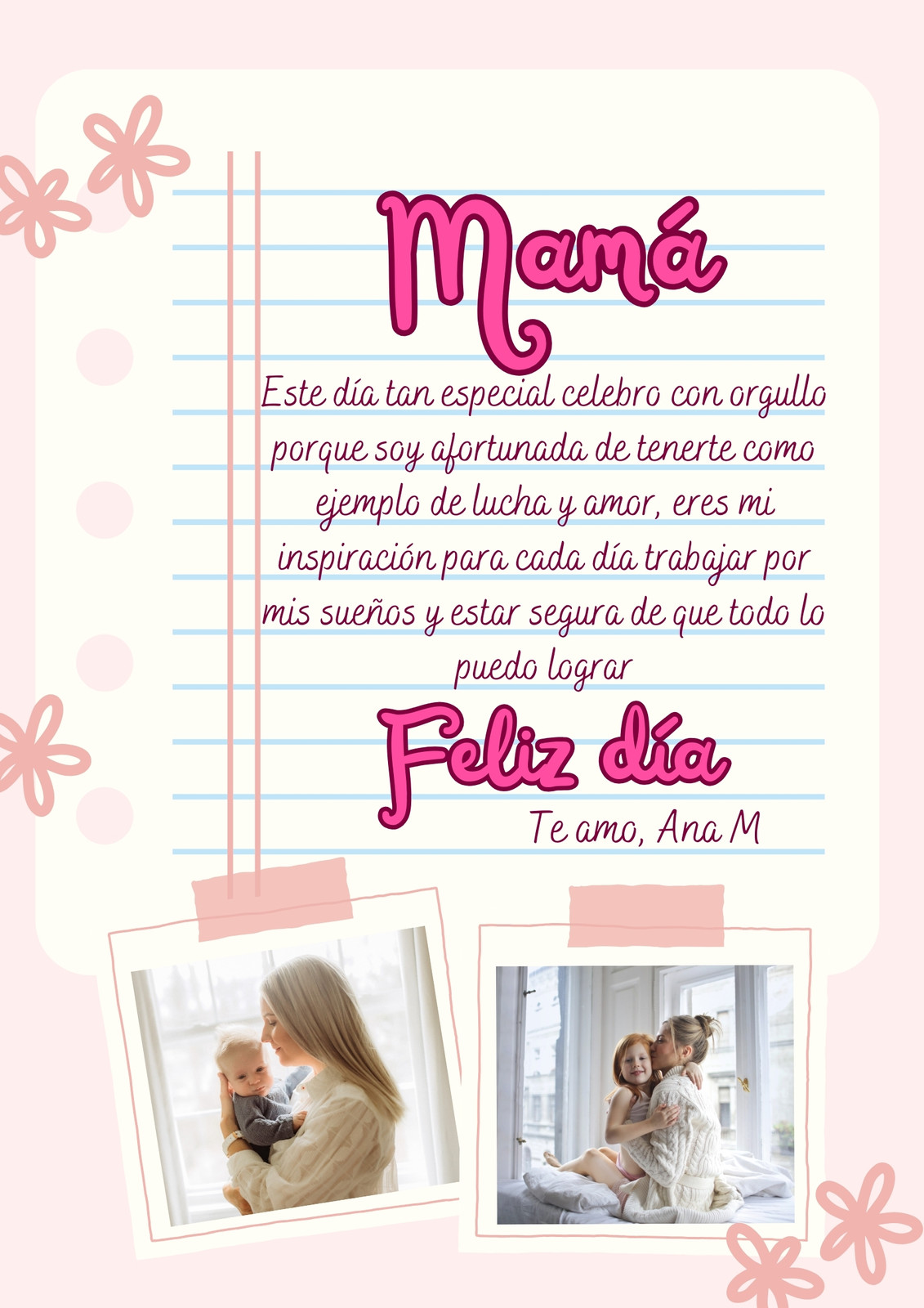 Carta dia de la madre con fotografia rosa y blanco