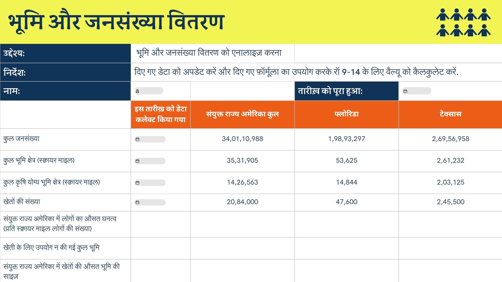 पीले गहरे नीले ब्राइट बोल्ड मॉड्यूलर स्टाइल में भूमि और जनसंख्या वितरण शीट 