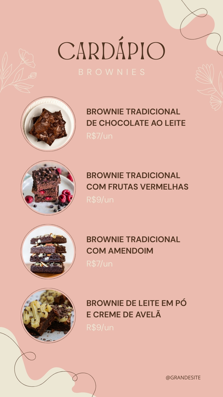 Cardápio Brownies Bolos Doces Preços Linhas Delicado Marrom Rosa e Branco Story