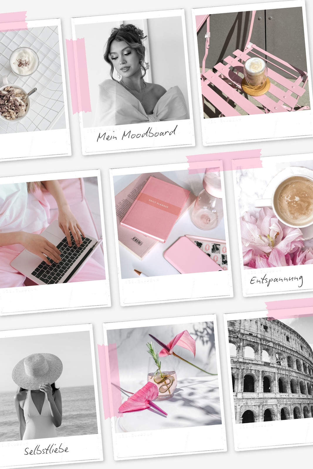 Rosa Weiß Modern Ästhetisch Collage Stilvoll Feminin Moodboard Fotocollage