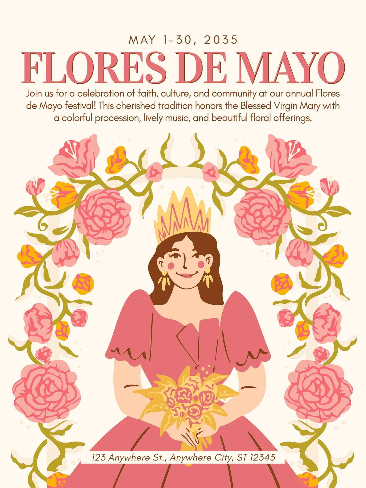 Pink and Yellow Illustrative Flores De Mayo Poster